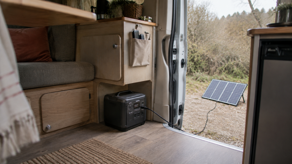 Estación de energía portátil conectada a una placa solar junto a una furgoneta camper.