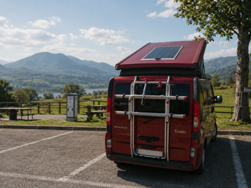 Renault Trafic camper con una placa solar de 120 W instalada en el techo elevable.