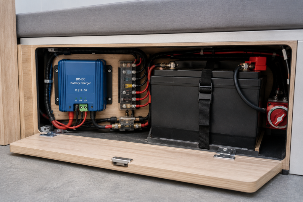 Compartimento eléctrico de una camper con un booster DC-DC instalado junto a la batería auxiliar y las protecciones eléctricas.