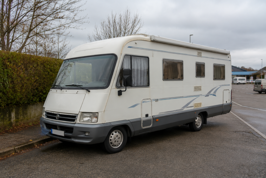 Autocaravana de unos años de antigüedad aparcada en un área de autocaravanas, ejemplo de un vehículo que puede funcionar correctamente sin necesidad de un booster.
