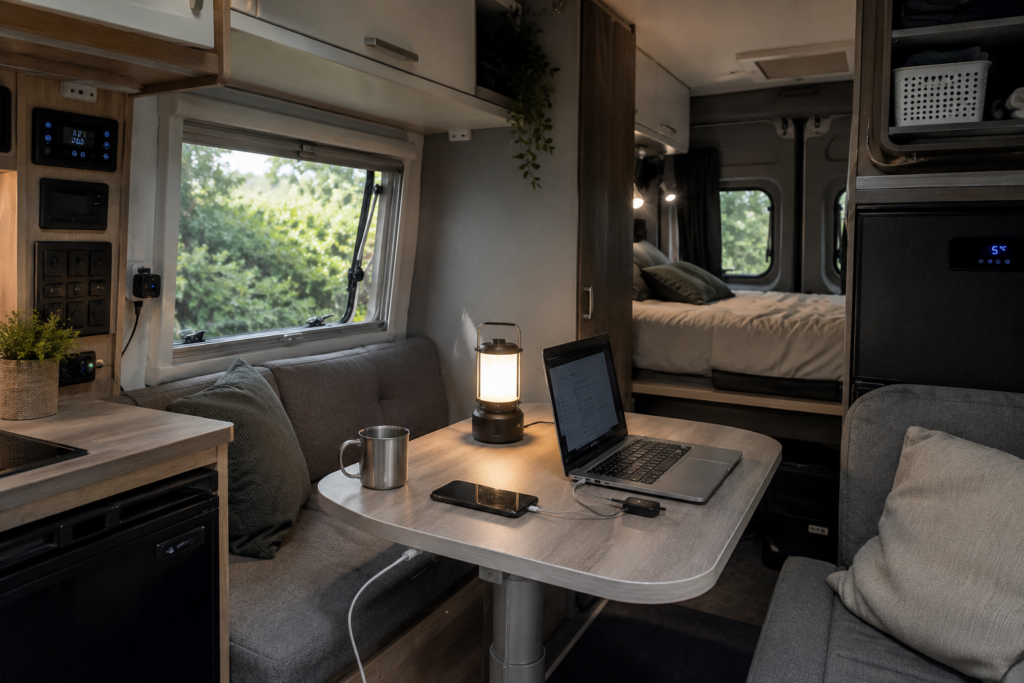 Interior de una camper con iluminación LED, nevera de compresor, portátil y móvil cargando, mostrando algunos de los consumos habituales de una instalación de vivienda.