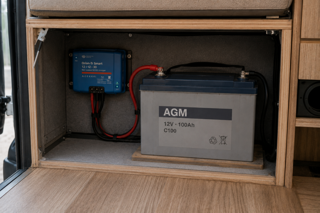 Instalación de una camper con batería AGM, booster y cableado de carga bajo el asiento de la vivienda.