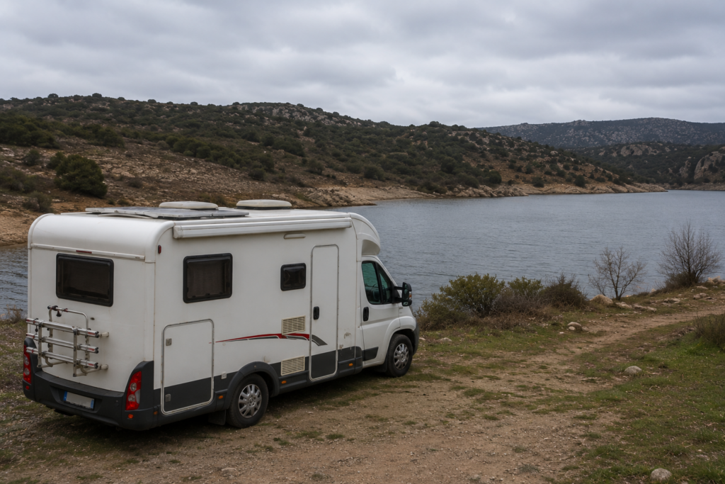 Autocaravana estacionada junto a un embalse con placa solar en el techo, preparada para varios días de autonomía sin conexión a la red eléctrica.