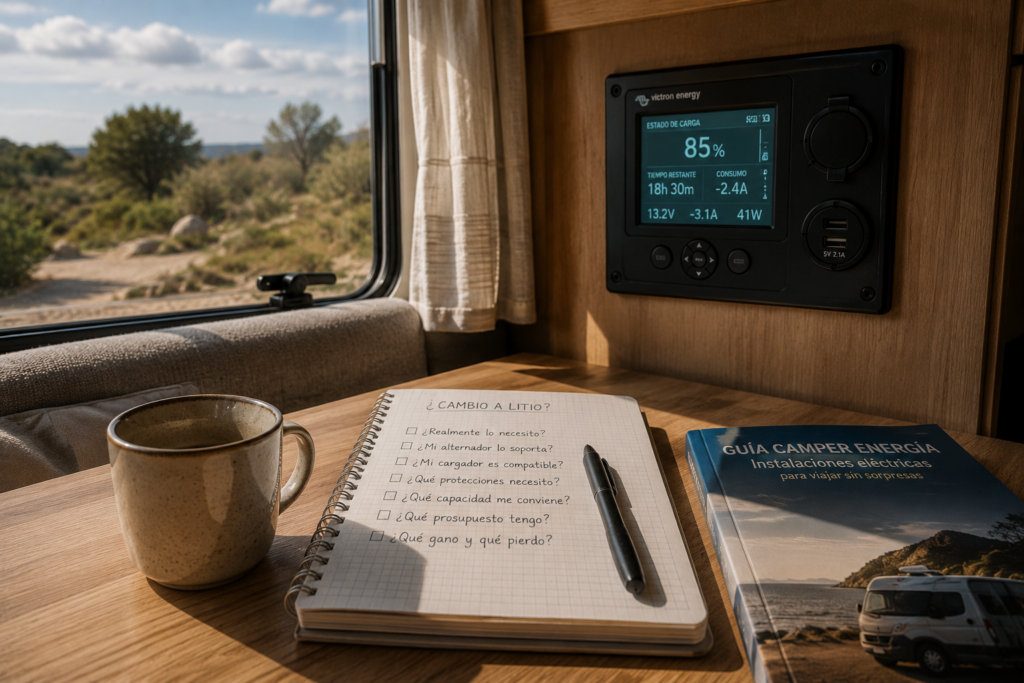 Interior de una camper con un monitor de batería y una libreta sobre la mesa, representando la planificación de una instalación eléctrica.