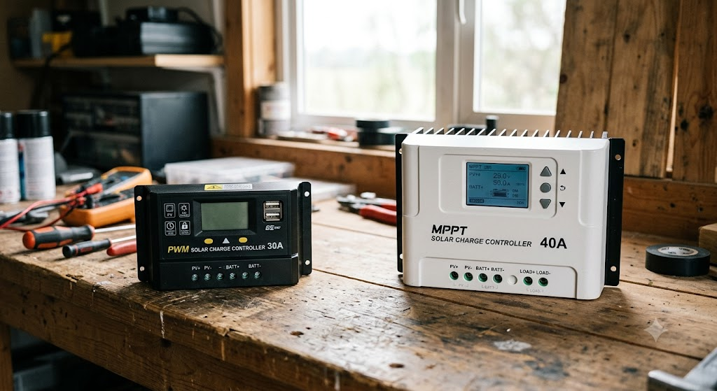 Regulador solar PWM y regulador solar MPPT colocados uno junto al otro para comparar su funcionamiento en una instalación camper.