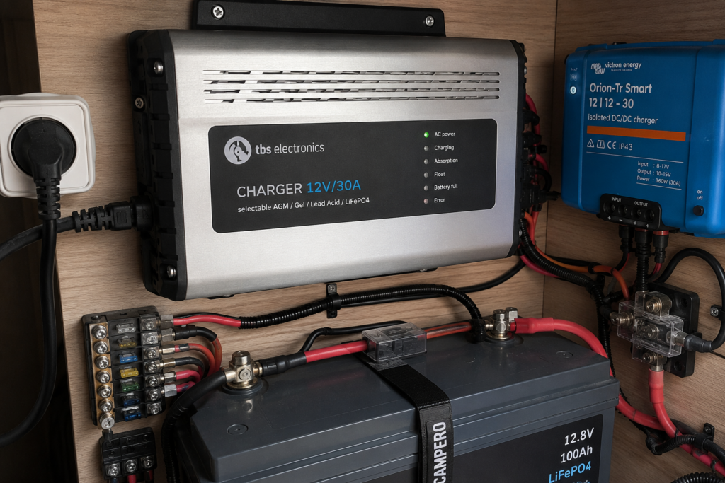 Cargador de 230 V instalado en el compartimento eléctrico de una camper, junto a la batería de vivienda y el resto de componentes de la instalación eléctrica.