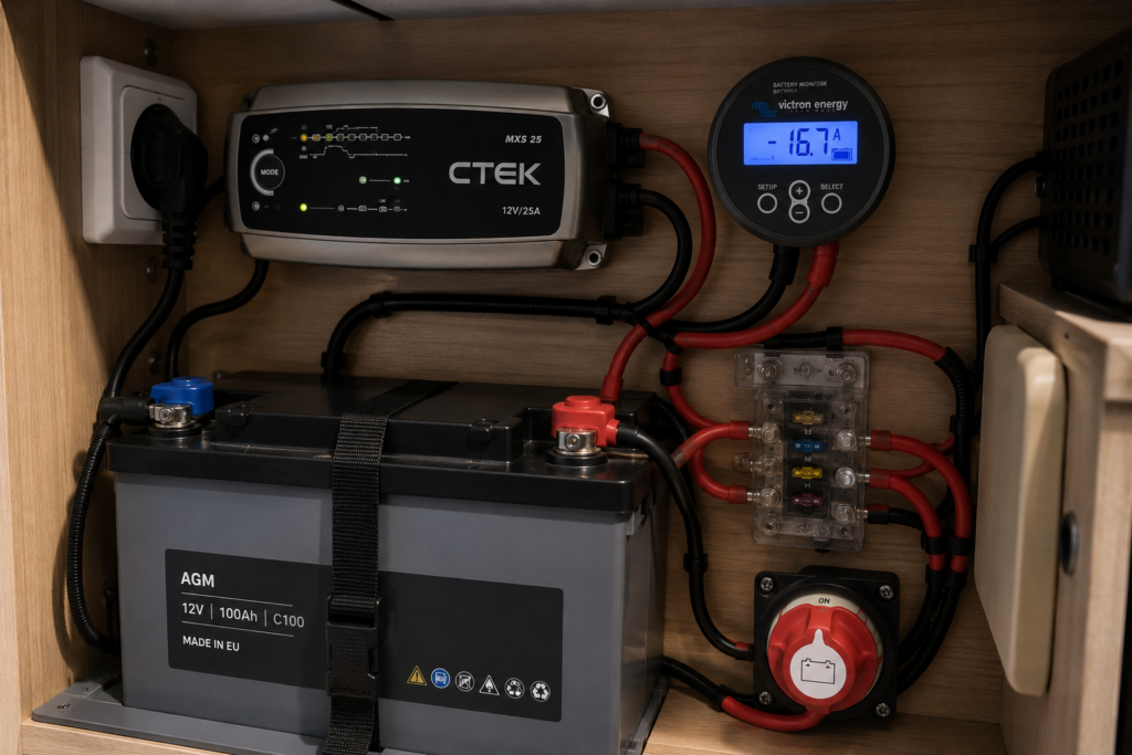 Cargador de baterías de 230 V instalado junto a un monitor de batería en una camper, mostrando una situación en la que el consumo es superior a la corriente de carga disponible.