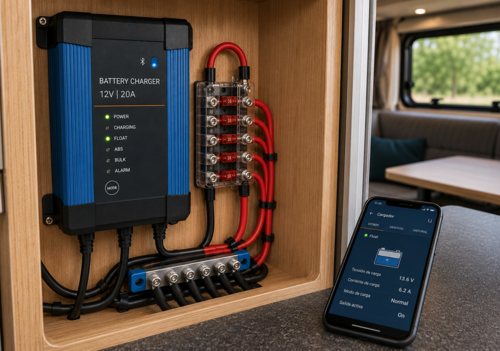 Cargador de baterías de 230 V configurable mediante aplicación, instalado en el compartimento eléctrico de una camper junto a un teléfono móvil con la aplicación de control abierta.