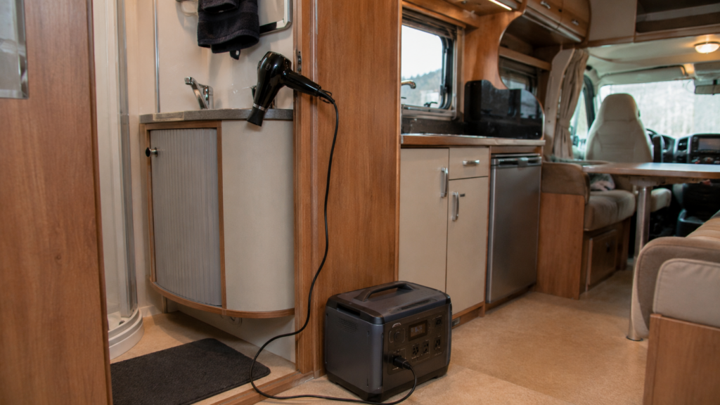 Secador de pelo conectado a una estación de energía portátil en el interior de una autocaravana.