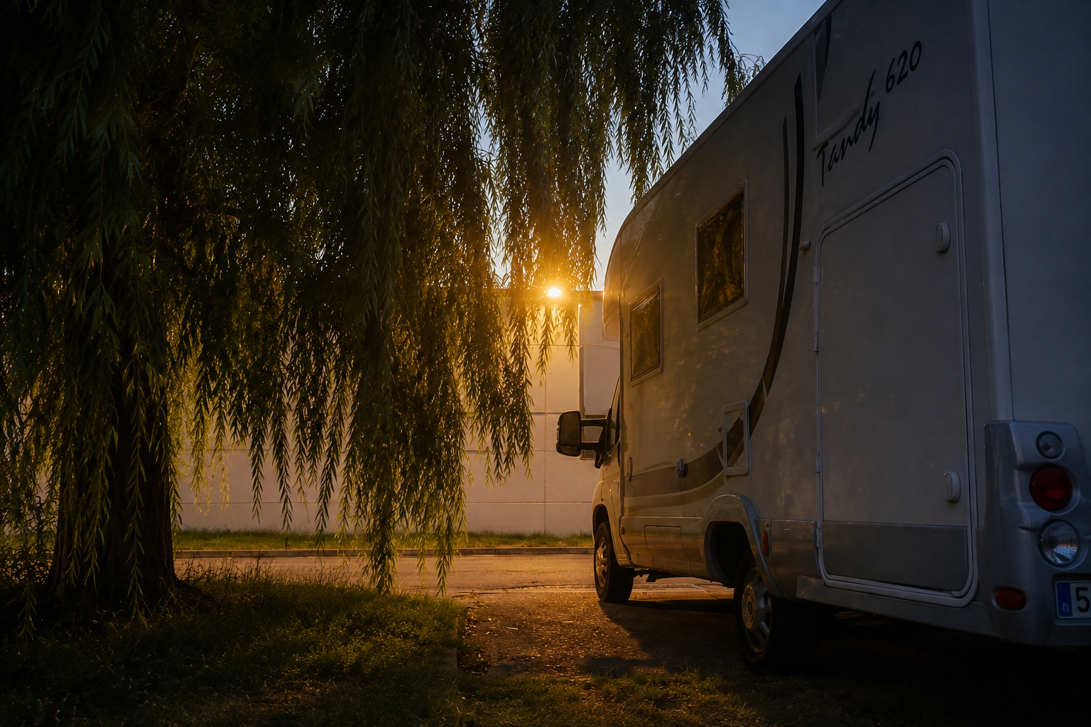 Autocaravana estacionada bajo los árboles al atardecer durante una escapada de verano.