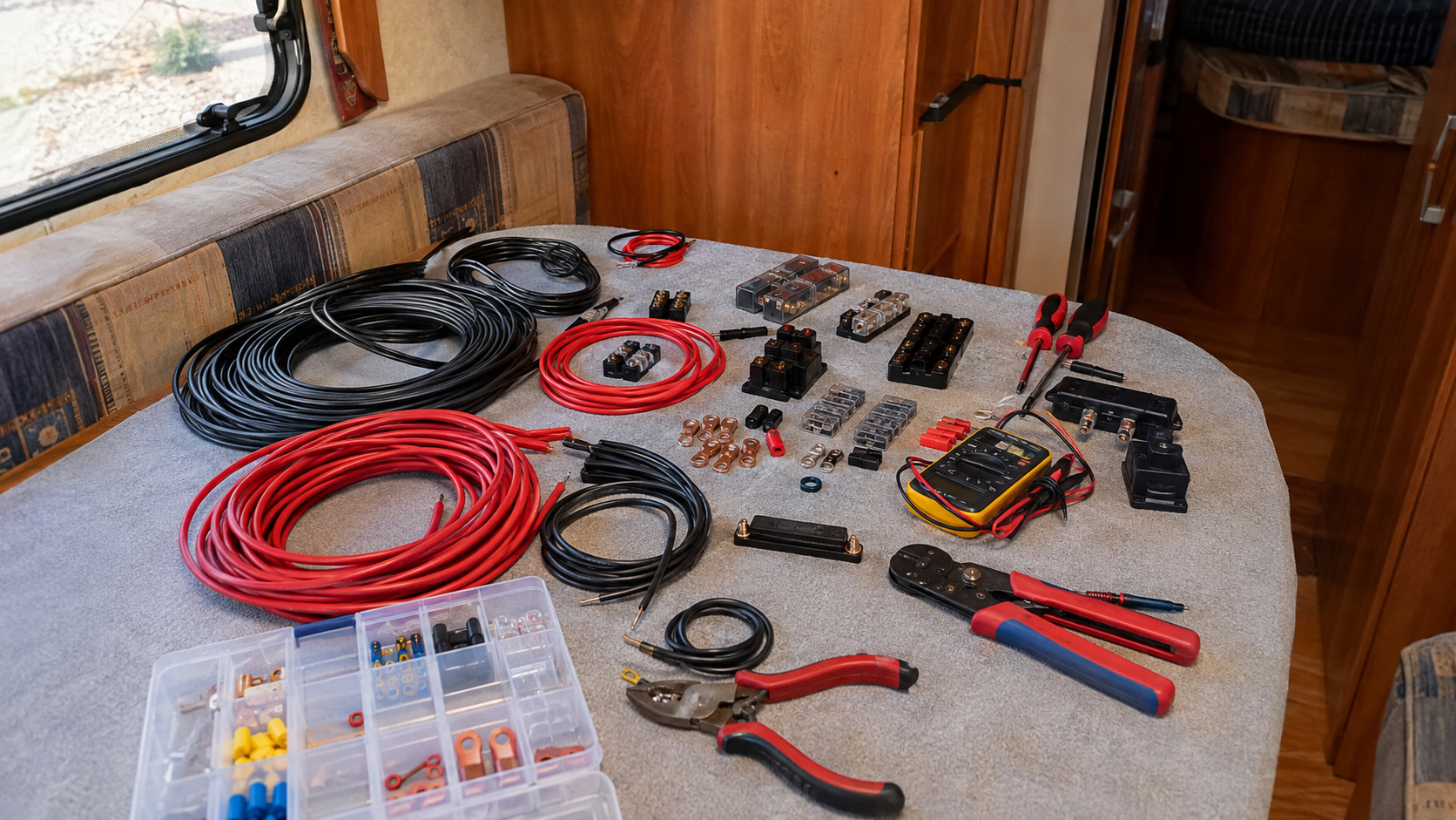 Material y herramientas para preparar una instalación eléctrica en una autocaravana