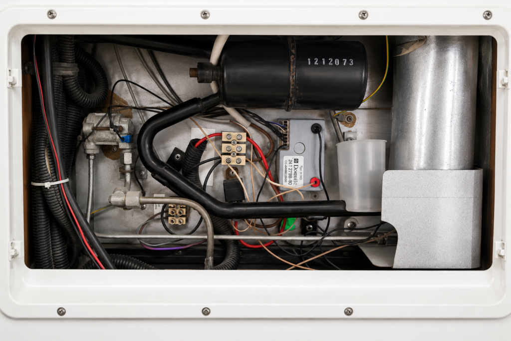 Parte trasera de una nevera trivalente Dometic de autocaravana con la rejilla exterior retirada para realizar comprobaciones.