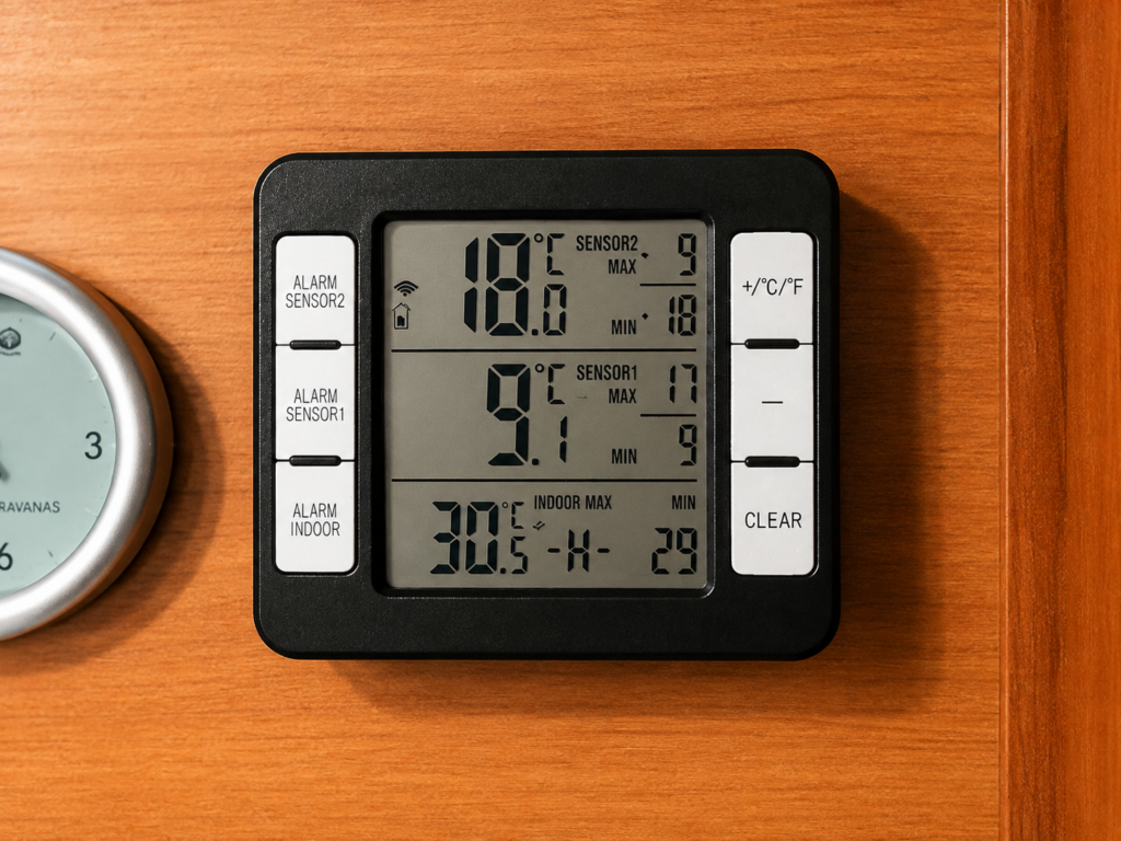 Termómetro digital con sondas mostrando las temperaturas del frigorífico y congelador de una autocaravana.