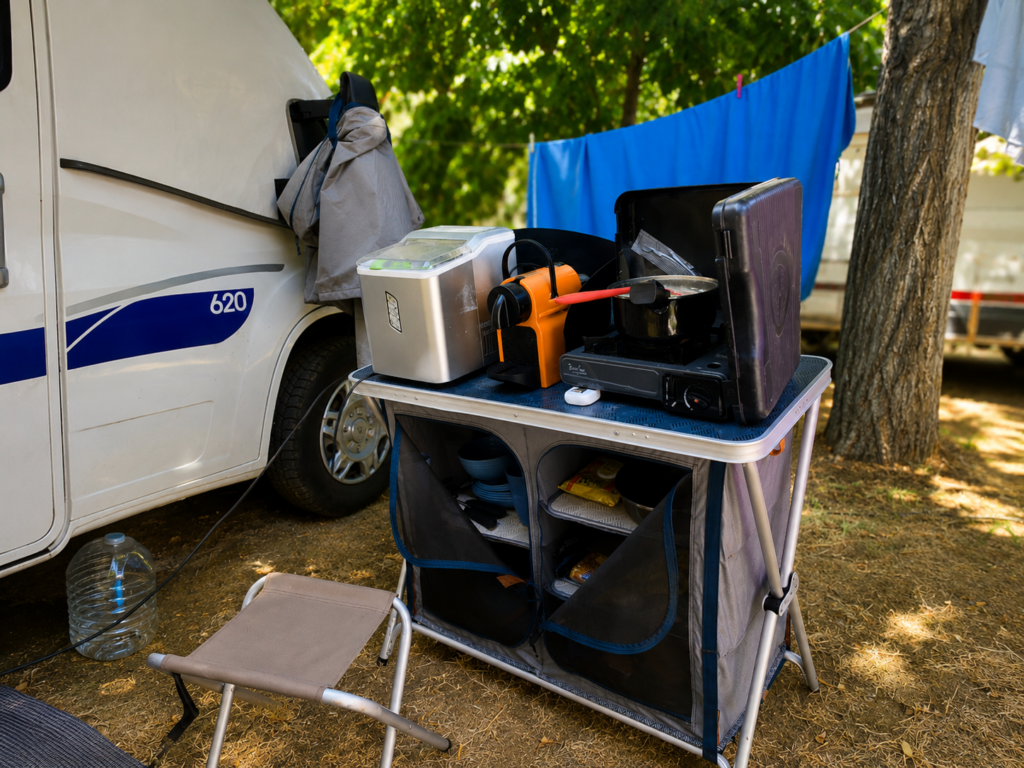 Cocina exterior montada junto a una autocaravana durante una estancia de verano en un camping.