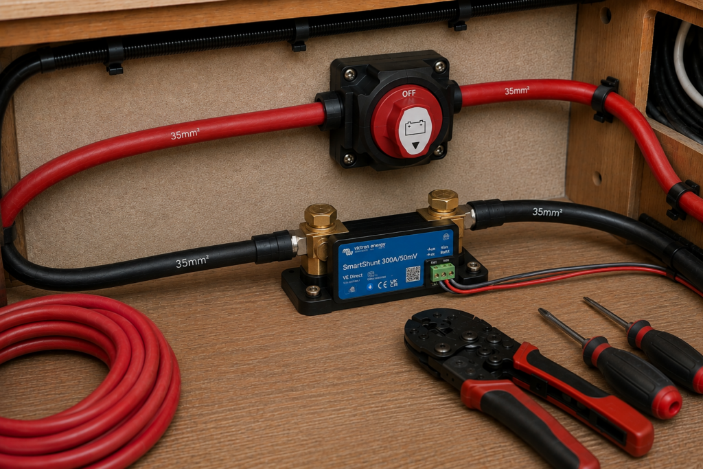 Instalación eléctrica de 12 V en autocaravana con cableado de 35 mm², interruptor de corte y SmartShunt