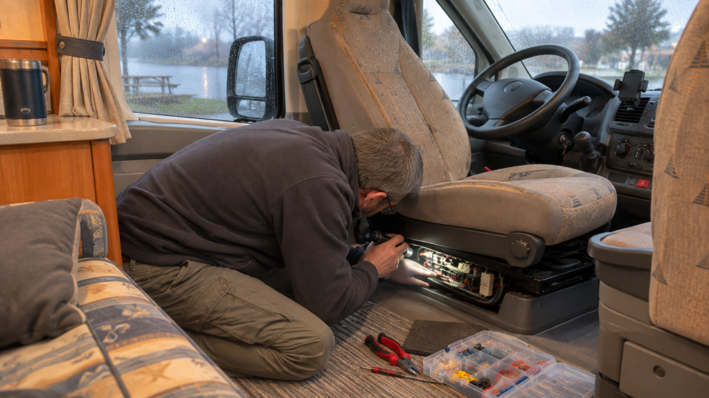 Persona revisando con una linterna la instalación eléctrica situada bajo el asiento del conductor de una autocaravana en un día lluvioso.