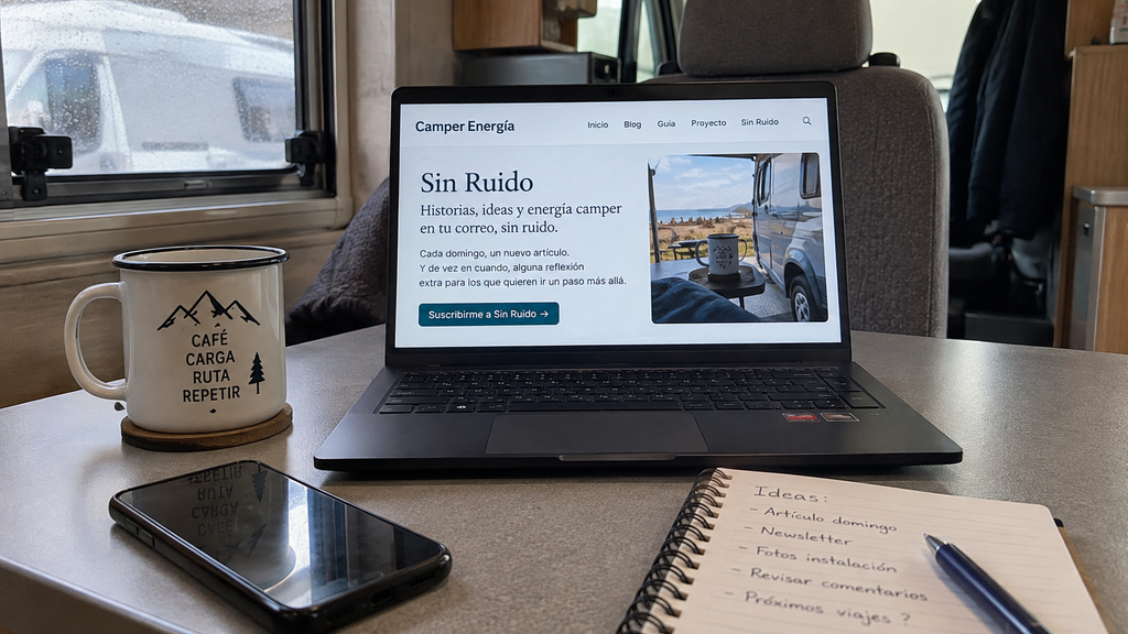Portátil abierto con Camper Energía sobre la mesa de una autocaravana.
