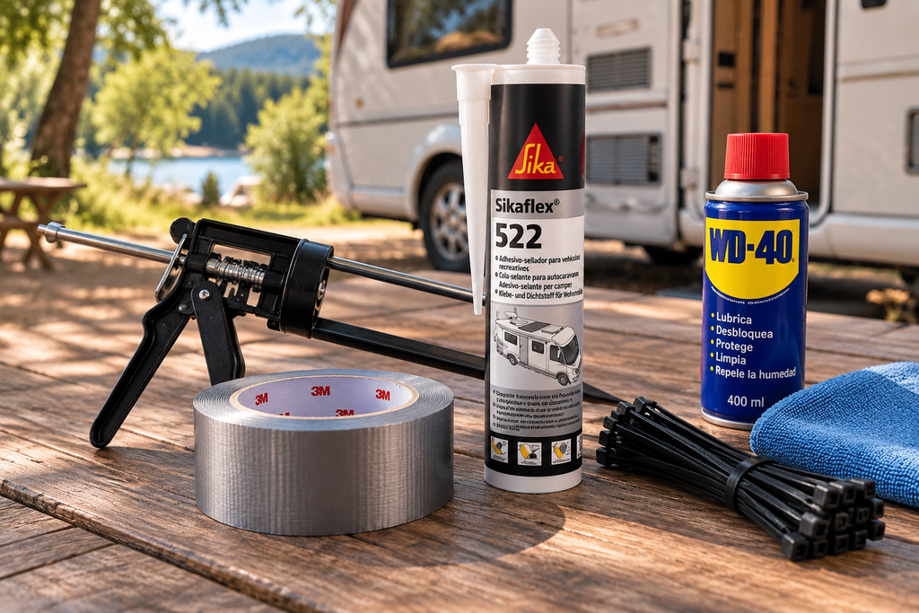 Sellador Sikaflex, WD-40, cinta americana y bridas para pequeñas reparaciones en camper o autocaravana